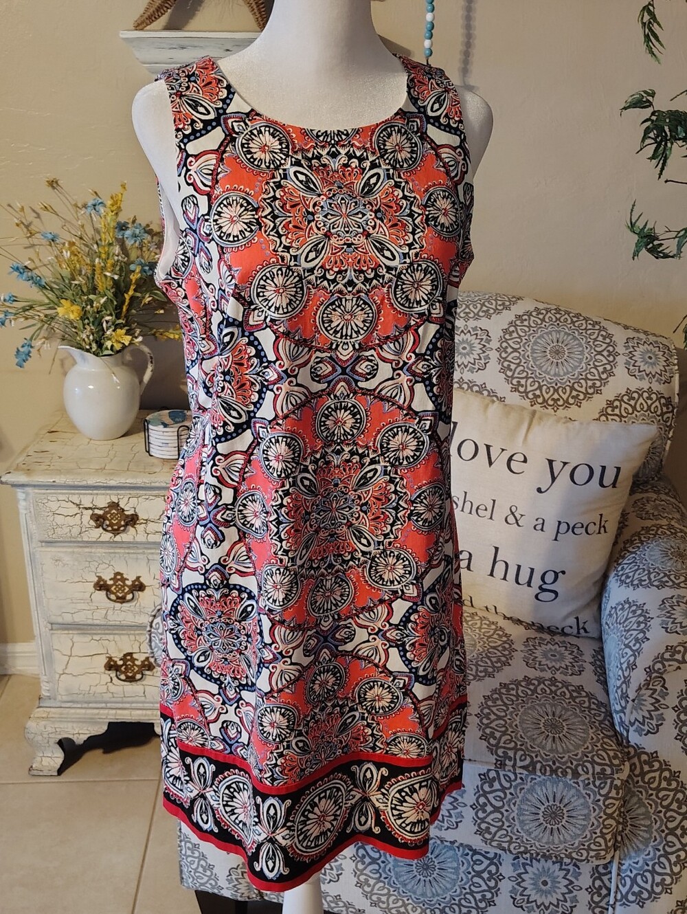 London Times Coral and Navy Medallion Summer Vacation Travel Shift Dress